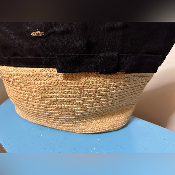 Scala Pronto Chic Black Tan Fabric Natural Fiber Straw Women's Tote Bag Clutch - Picture 2 of 7